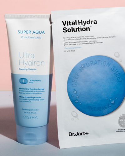 Spumă de curățare a feței Missha Ultra Hialuron Foaming Cleanser + Mască de față hidratantă și regenerantă Dr.Jart + Dermask Water Jet Vital Hydra Solution